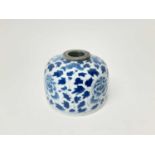 19th century Chinese blue and white porcelain inkwell, painted with flowers, seal mark to base, with