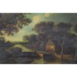 18th century English School, oil on panel, A wooded river landscape with an overshot mill and a fish