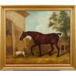 19th century English School, oil on canvas, a bay horse and dog before a stable and kennel, in gilt
