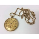 19th century Swiss 18ct gold fob watch with key wind movement, engraved gold dial in 18ct gold car w