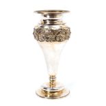 George V silver spill vase of tapered form with applied decoration of fruiting vines