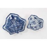 Two 18th century Bow blue and white leaf-shaped pickle dishes