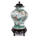 Fine Chinese famille verte baluster jar with hardwood cover and stand