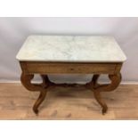 19th century French inlaid rosewood side table with white marble top and fitted drawer with writing