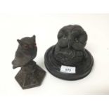 Two Victorian spelter owl inkwells