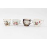 Four 18th century continental porcelain cups, various marks including crossed swords and interlaced