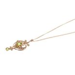 Edwardian style 9ct gold and peridot and seed pearl pendant on chain