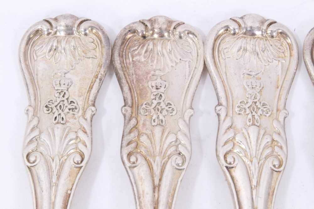 Six mid 19th Century German Silver Dinner Forks, Modified Kings pattern with fluted stems and foliat - Image 2 of 9