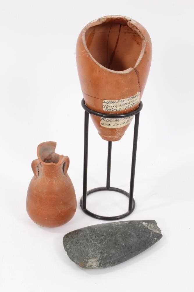 Cyprus Green stone Neolithic axe head and two Roman Samian ware pots with local provenance (3)