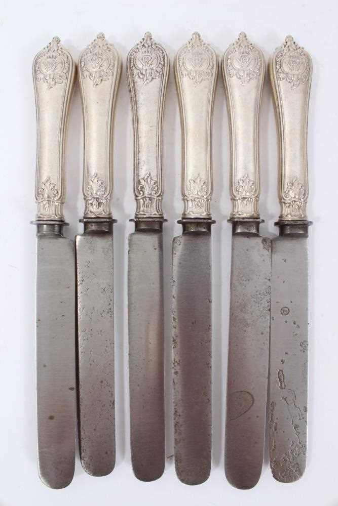 Six Late 19th/early 20th Century German Silver Dinner Knives with steel blades, Rococo pattern handl