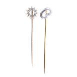 Edwardian diamond and seed pearl stick pin with openwork circle, 12.5mm diameter, and early 20th cen