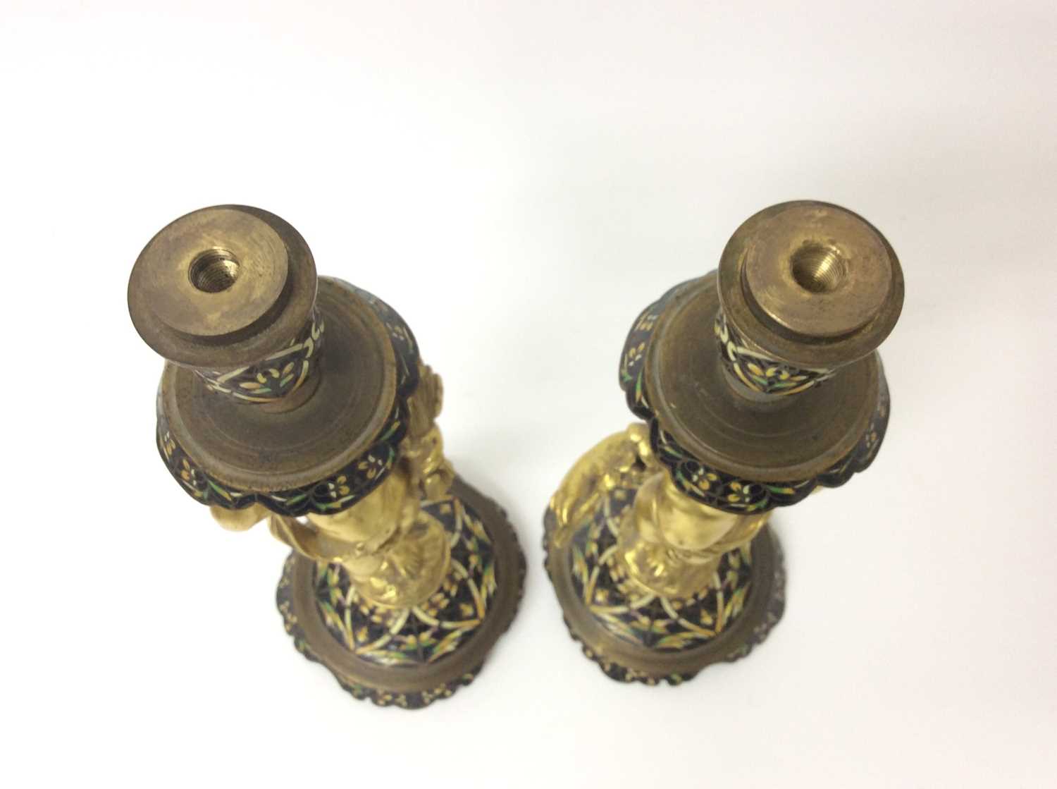 Pair 19th century French ormolu and champlevé enamel candlesticks - Image 3 of 3