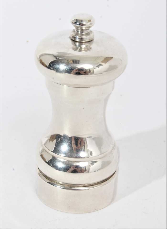 Contemporary silver pepper grinder of capstan form with original box