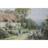 Henry J. Rhodes, 19th century watercolour - sheep passing a country cottage with children looking on