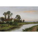 Daniel Sherrin (1868-1940) oil on canvas - figure beside riverside cottages