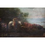 18th century English School, oil on canvas, herdsman and cattle in landscape, in gilt frame