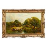 George Turner (1843-1910), oil on canvas, An extensive wooded river landscape with cattle and a herd