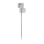 Art Deco-style diamond stick pin of geometric design with two obliquely set squares with baguette cu