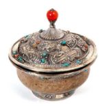 Late 19th/early 20th century Tibetan covered burlwood tea bowl, with silver lining