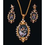19th century gold enamel, diamond and seed pearl pendant/brooch and earrings, each with an oval blac