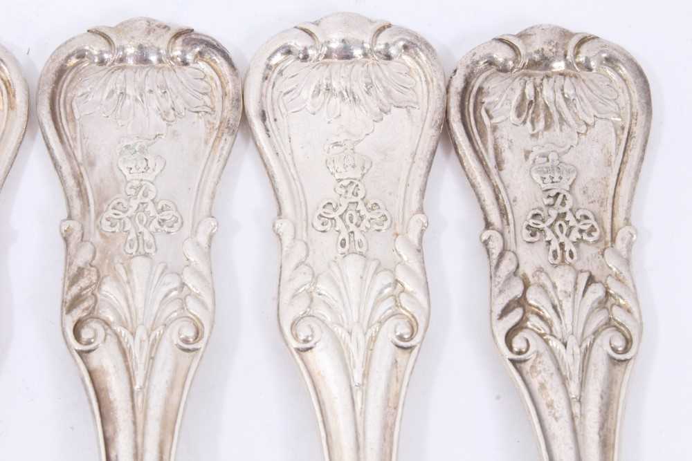 Six mid 19th Century German Silver Dinner Forks, Modified Kings pattern with fluted stems and foliat - Image 3 of 9