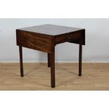 George III mahogany pembroke table, with rectangular hinged top and end frieze drawer on internally