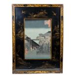 Beautifully presented Meiji period Japanese woodblock print in 1920s chinoiserie frame