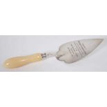 Edwardian silver presentation trowel with turned ivory handle and engraved presentation inscription
