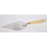 1930s silver presentation trowel, with turned ivory handle and engraved inscription