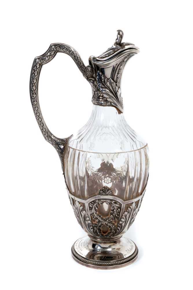 Fine quality French silver mounted and cut glass claret jug with engraved presentation inscription t