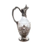 Fine quality French silver mounted and cut glass claret jug with engraved presentation inscription t