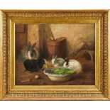 19th Century Spanish School, oil on canvas, A family of rabbits eating lettuce from a bowl, initiall