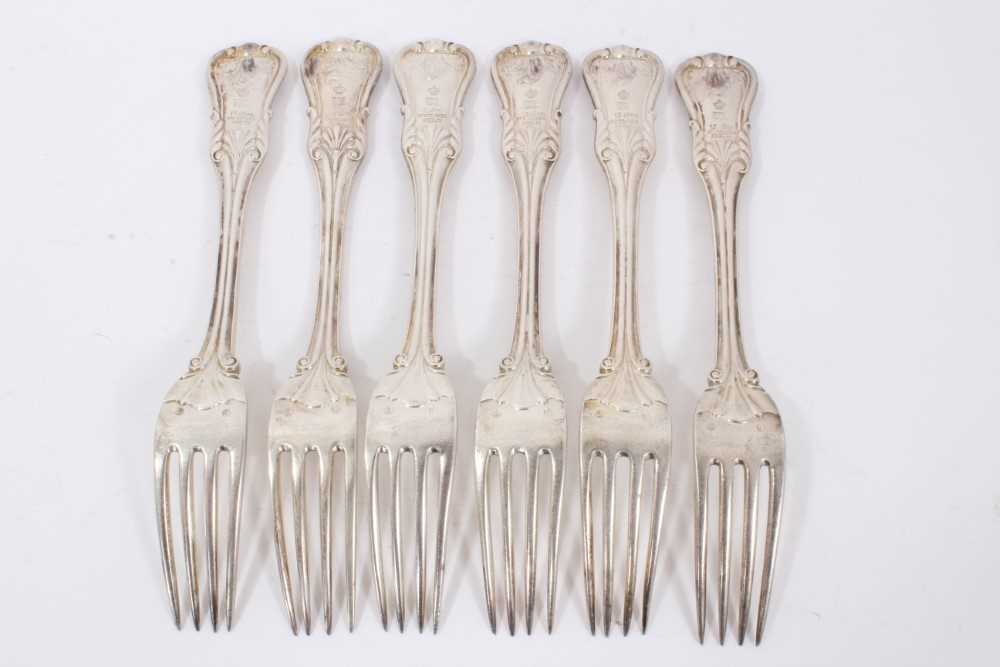 Six mid 19th Century German Silver Dinner Forks, Modified Kings pattern with fluted stems and foliat - Image 4 of 9