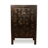 Late 19th / early 20th century Chinese black lacquered cabinet, enclosed by pair of gilt decorated d