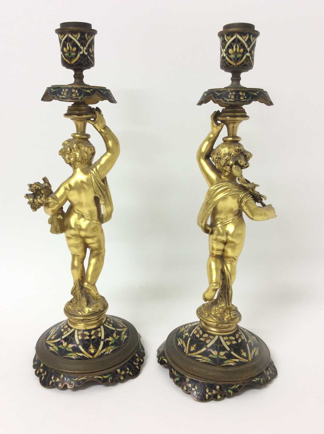 Pair 19th century French ormolu and champlevé enamel candlesticks - Image 2 of 3