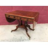 Regency mahogany sofa table with satinwood crossbanding, two opposing drawers with ebonised bun hand