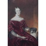 Hope J. Stewart, watercolour, An elegant lady seated in an interior, her dog at her feet, signed and