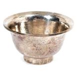 Far Eastern white metal bowl, with spot hammered finish, three engraved cartouches