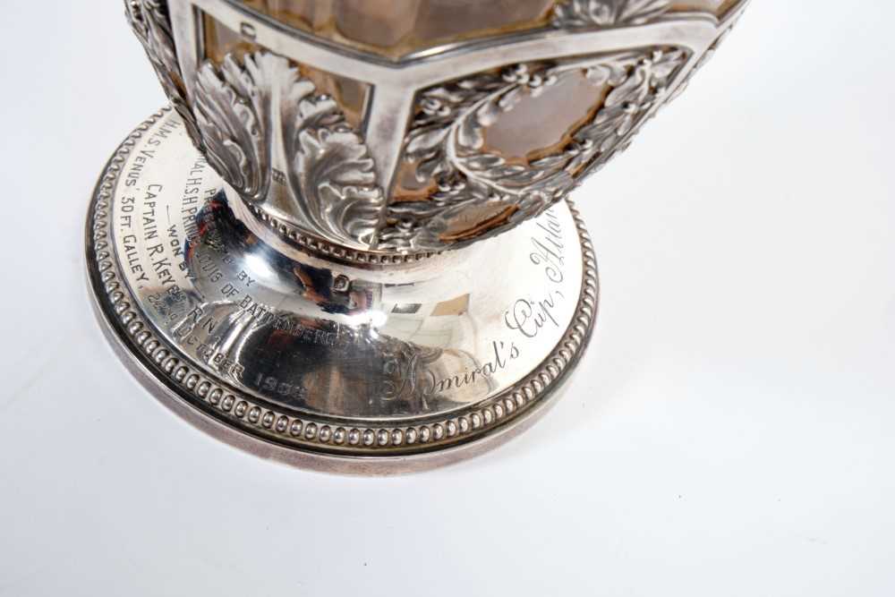 Fine quality French silver mounted and cut glass claret jug with engraved presentation inscription t - Image 3 of 9