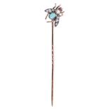 Victorian diamond and gem-set novelty stick pin in the form of a fly with cabochon ruby eyes, pearl