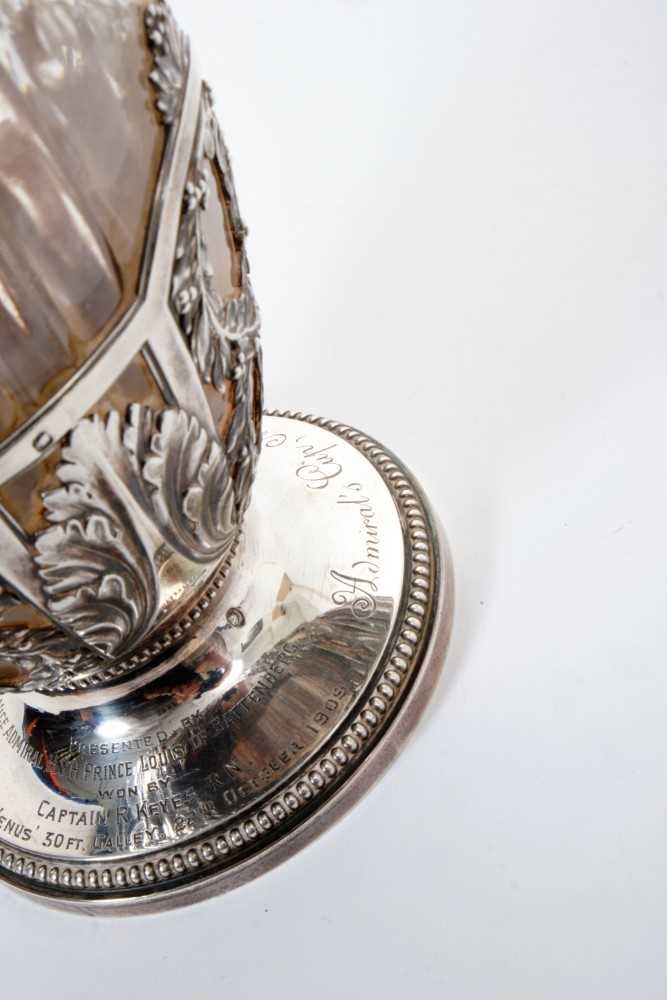 Fine quality French silver mounted and cut glass claret jug with engraved presentation inscription t - Image 4 of 9