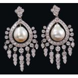 Pair white gold diamond and pearl drop earrings