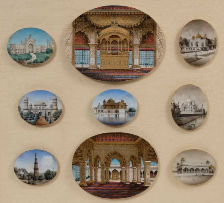 Fine collection of 19th century Indian miniatures on ivory depicting Palaces, framed as one m - Image 2 of 2