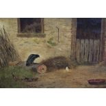 19th century English School, oil on board, A crow and a chick by a barn, 29 x 45cm