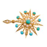 Victorian gold turquoise and seed pearl star shape pendant brooch