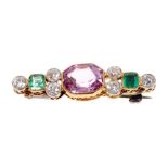 Edwardian pink topaz, diamond and emerald brooch of suffragette interest