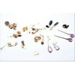 Fourteen pairs of gold and gem-set earrings various