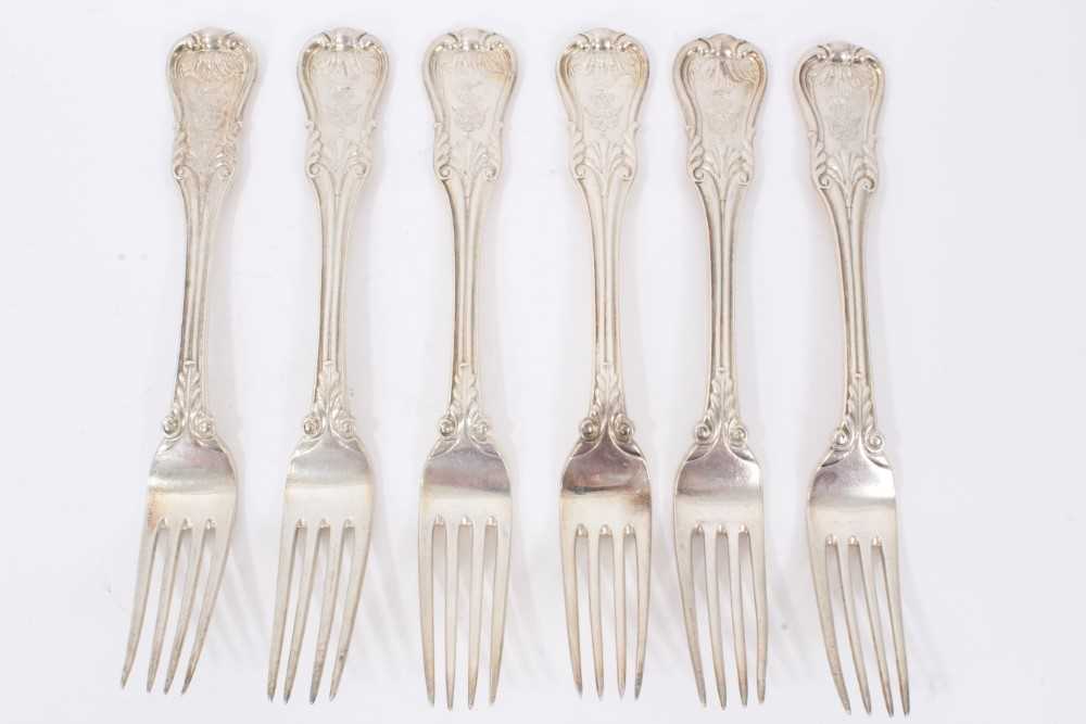 Six Early 19th Century German Silver Dinner Forks, modified Kings pattern with fluted stems, from th