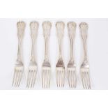 Six Early 19th Century German Silver Dinner Forks, modified Kings pattern with fluted stems, from th