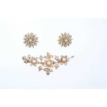 Victorian style 9ct gold and seed pearl floral spray brooch together with similar pair of star shape